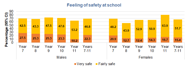 Percentage of young people reporting that they feel very safe or fairly safe at school by school year for males and females, Hull's Young People Health and Wellbeing Survey 2024