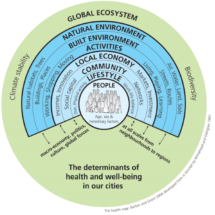 Image showing relationship between health and other factors such as lifestyle, community and economy (Bartan and Grant Model based on Whitehead and Dahlgren model)