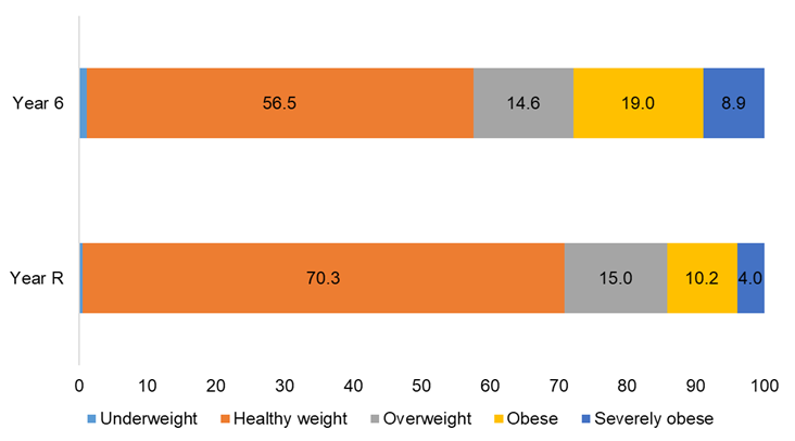 Weight classifications among Year R and Year 6 pupils, 2024/25