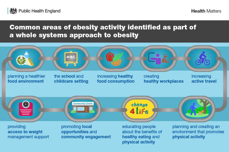 Figure from PHE showing how a whole systems approach can be used to tackle obesity