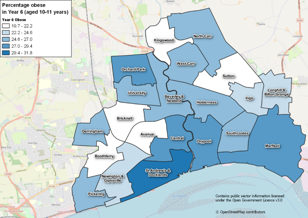 map showing rates of obesity in Year 6 across Hull's wards in 2021/22