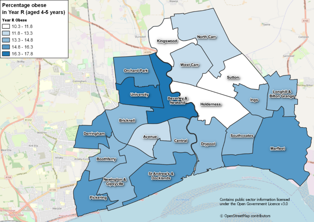 map showing rates of obesity in Year R across Hull's wards in 2021/22