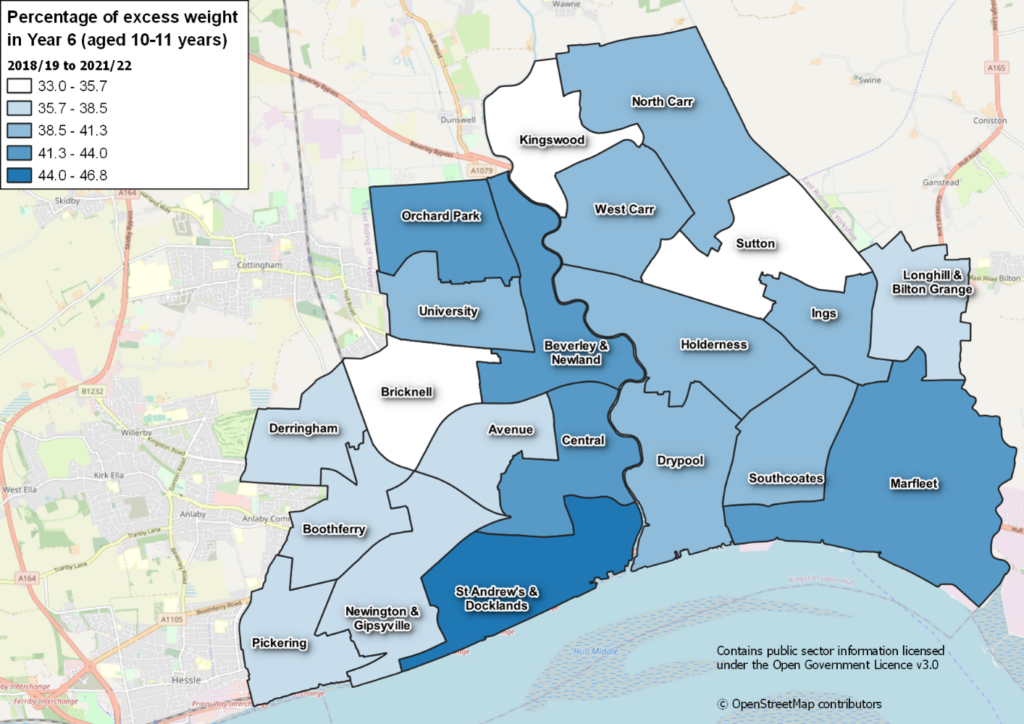 map showing rates of excess weight in Year 6 across Hull's wards in 2021/22