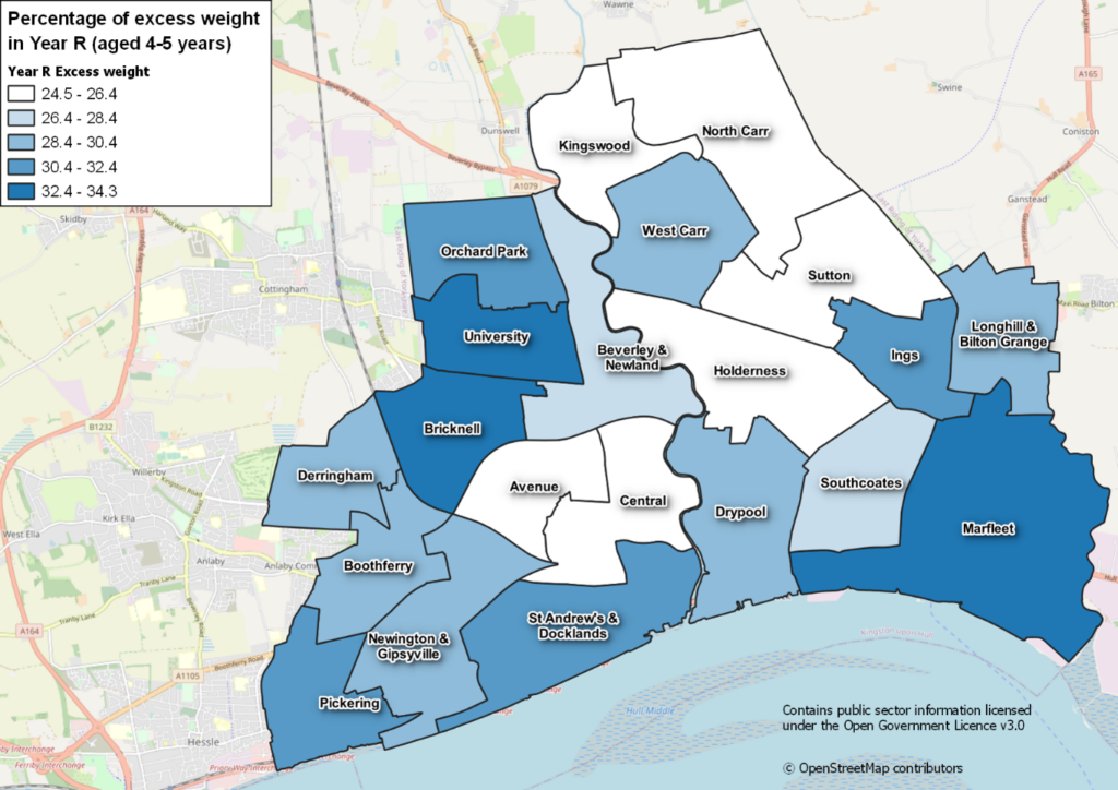 map showing rates of excess weight in Year R across Hull's wards in 2021/22