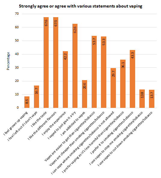 Percentage strongly agreeing or agreeing with various statements among young people aged 11-17 years who have tried vaping, Hull's Vaping Survey 2022