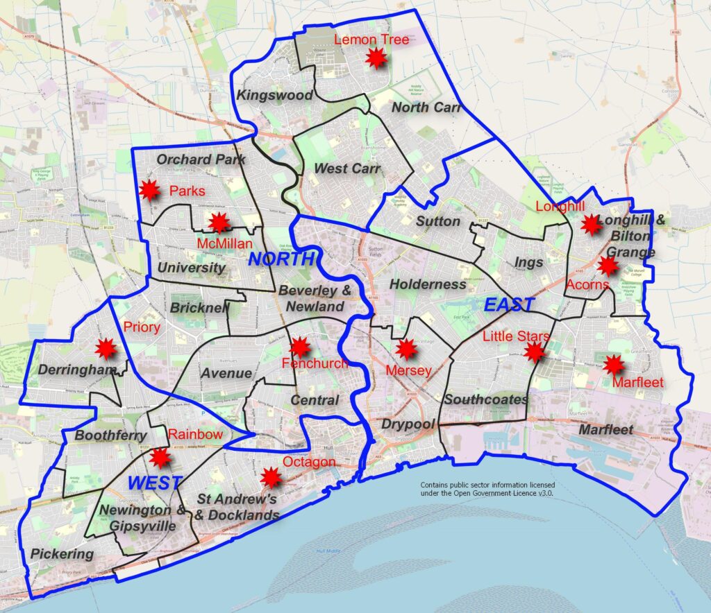 Map showing location of Hull's 12 Family Hubs