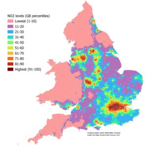 Access to Healthy Assets and Hazards index: percentiles for England, Wales and Scotland for overall levels of NO2, 2024