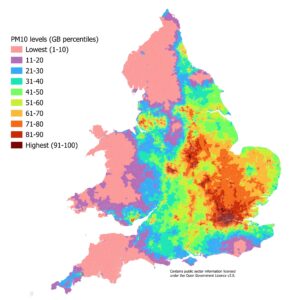 Access to Healthy Assets and Hazards index: percentiles for England, Wales and Scotland for overall levels of PM10, 2024