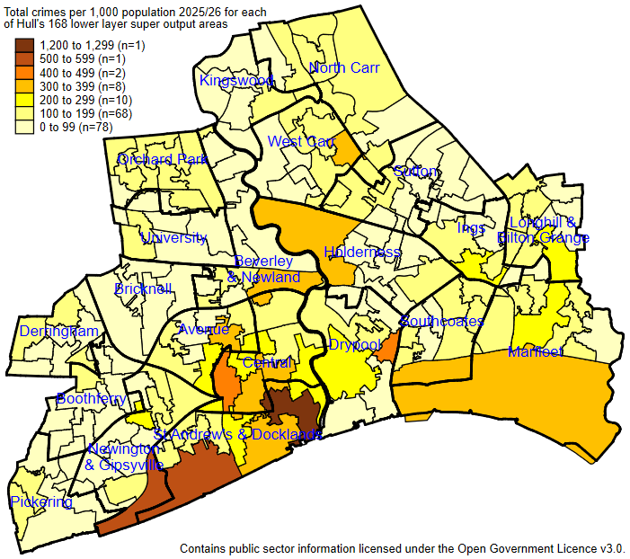 Total number of crimes in 2025-26 per 1,000 population, for each of Hull's 168 lower layer super output areas