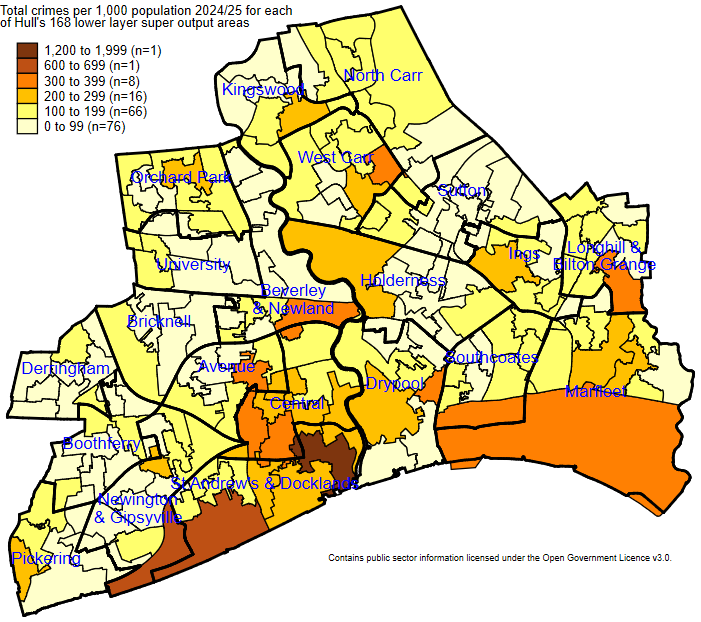 Total number of crimes in 2024-25 per 1,000 population, for each of Hull's 168 lower layer super output areas