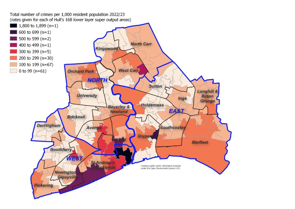 Total number of crimes per 1,000 population for each of Hull's 168 lower layer super output area level, 2022/23