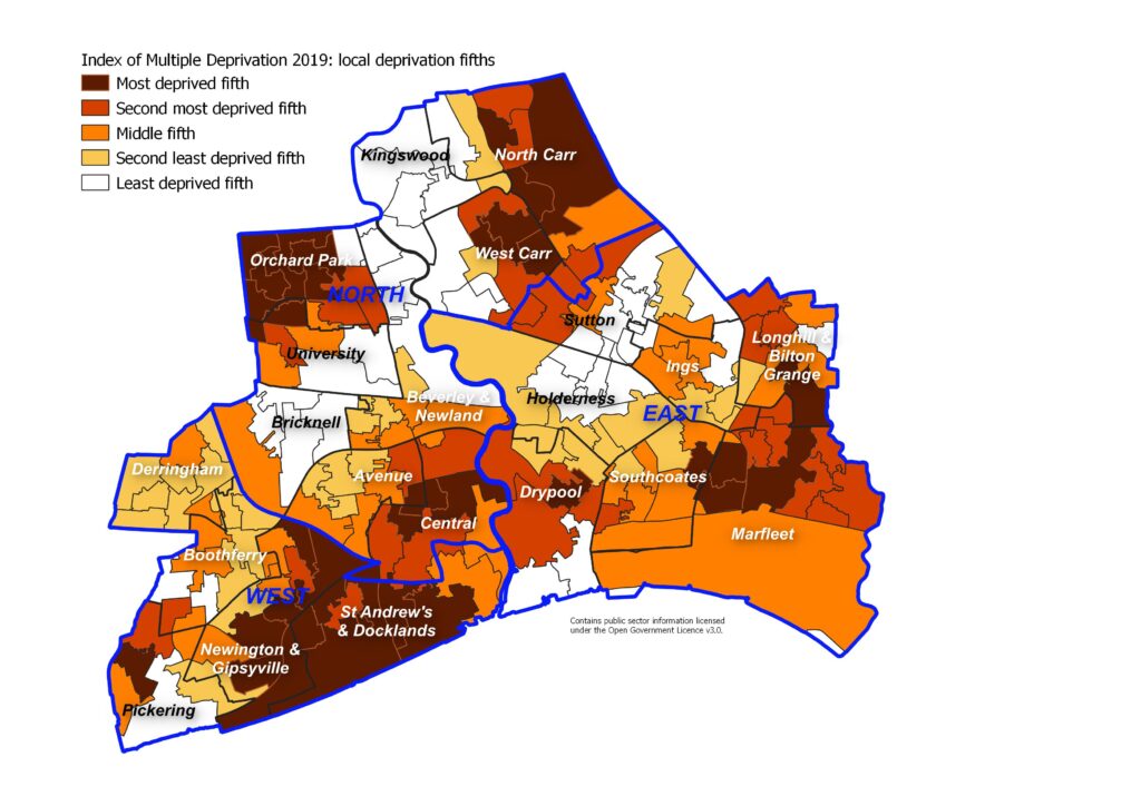 Figure showing deprivation levels within Hull (Index of Multiple Deprivation 2019 local fifths)