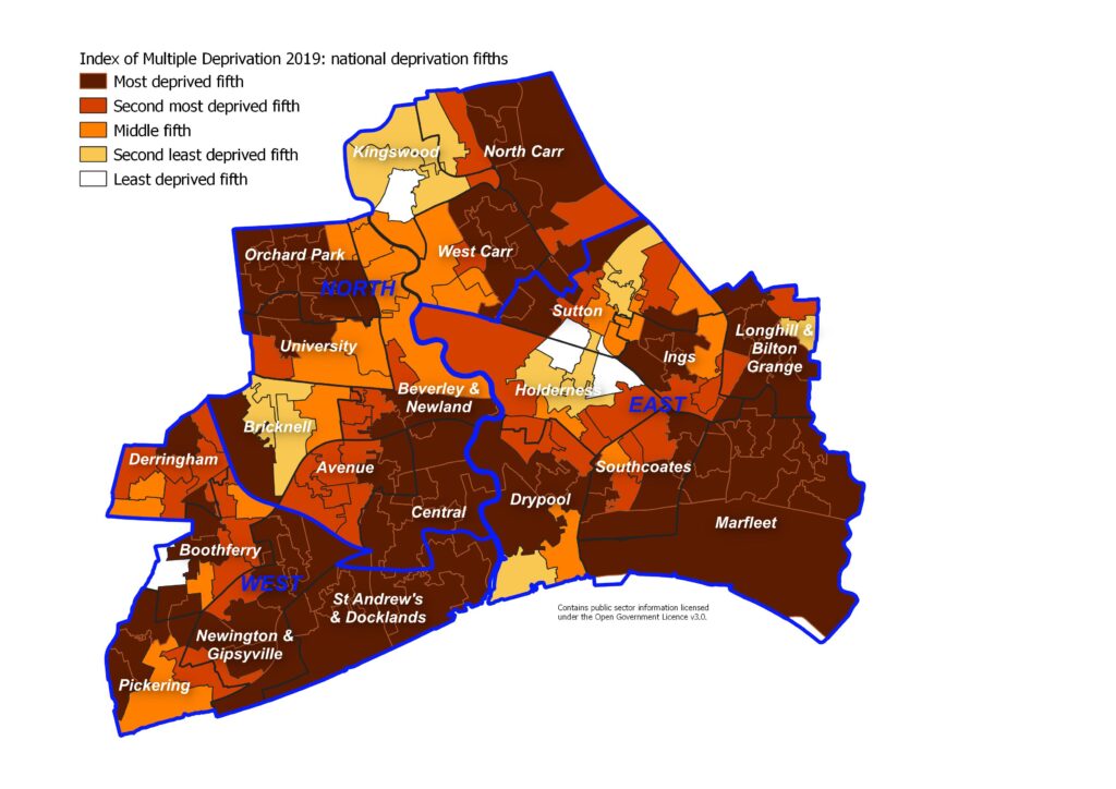 Figure showing deprivation levels across Hull compared to England (Index of Multiple Deprivation 2019 national fifths)