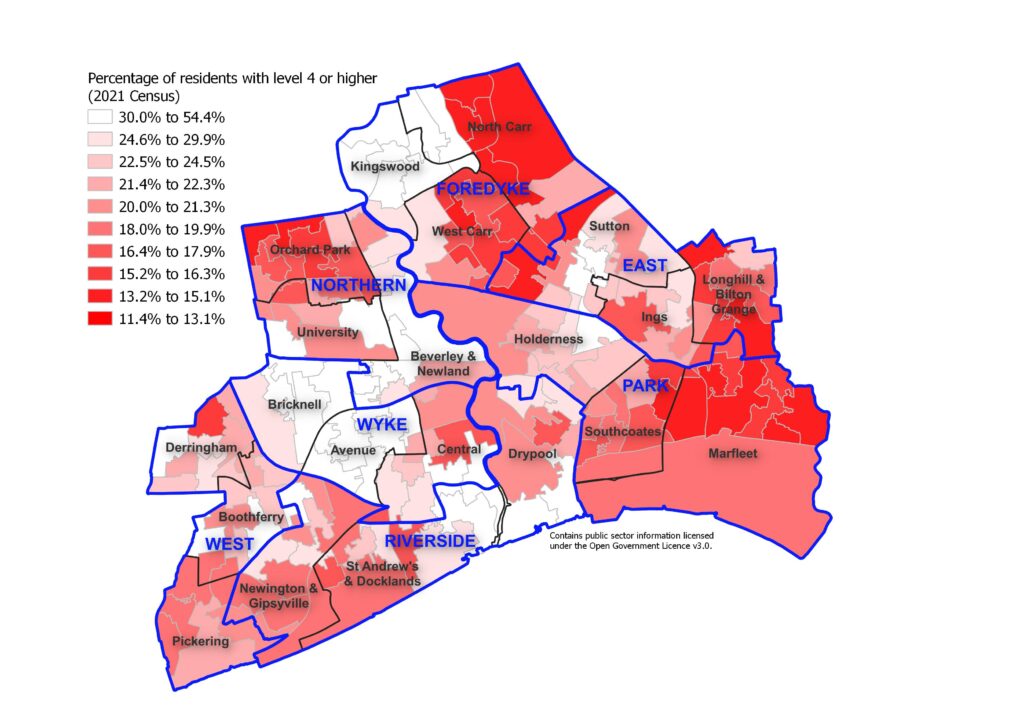 Percentage of residents aged 16+ years with highest educational attainment at level 4 or more based on information from the 2021 Census with information presented at lower layer super output area (geographical level)