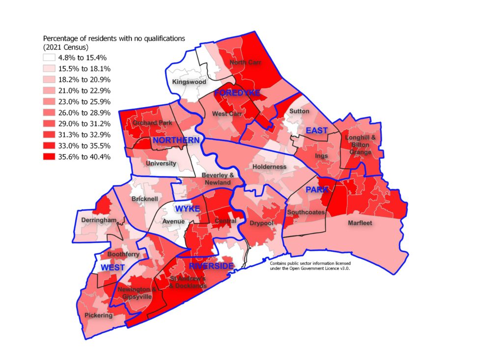 Percentage of residents aged 16+ years with no qualifications based on information from the 2021 Census with information presented at lower layer super output area (geographical level)