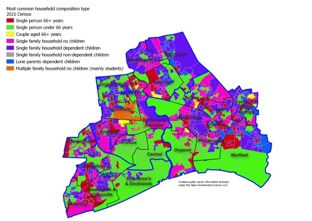 Most common household composition type across Hull's 881 Output Areas, 2021 Census