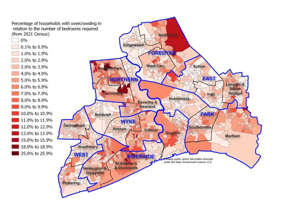 Percentage of households with fewer bedrooms than it requires based on gender, age and relationship of household occupants across Hull's 881 output areas, 2021 Census