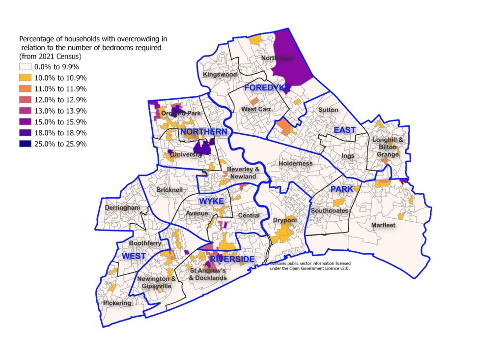 Percentage of households with fewer bedrooms than it requires based on gender, age and relationship of household occupants across Hull's 881 output areas, 2021 Census
