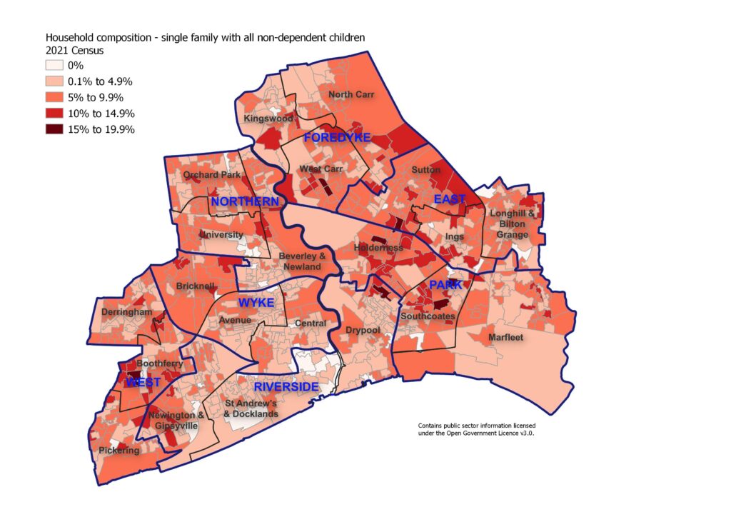 Percentage of single family households with all non-dependent children across Hull's 881 Output Areas, 2021 Census