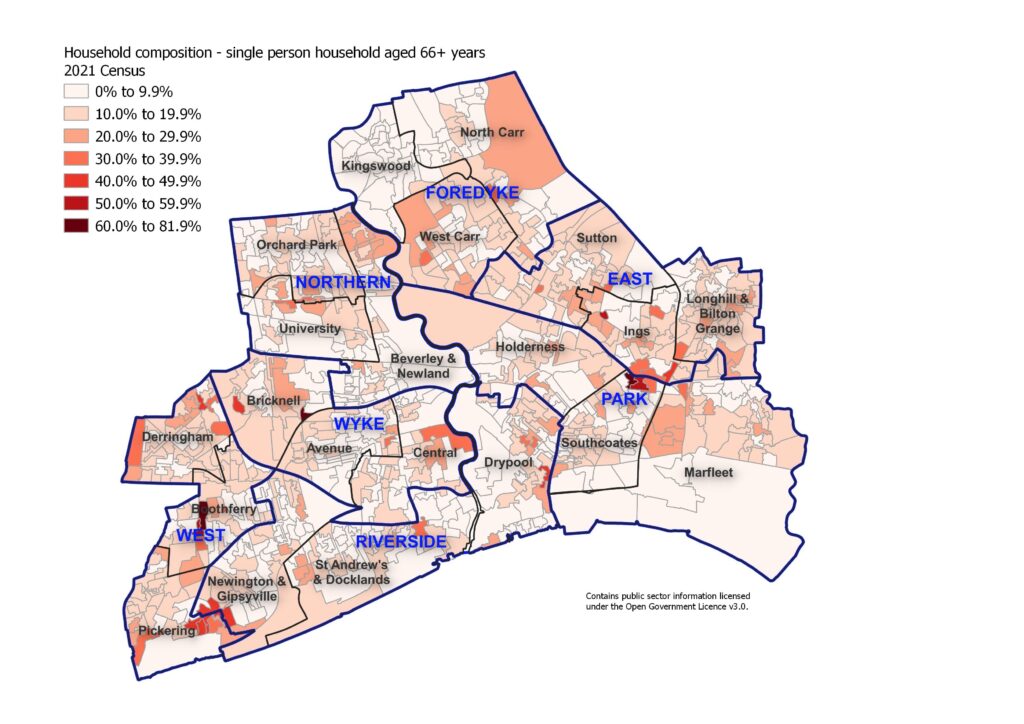 Percentage of single person households where the person is aged 66+ years across Hull's 881 Output Areas, 2021 Census