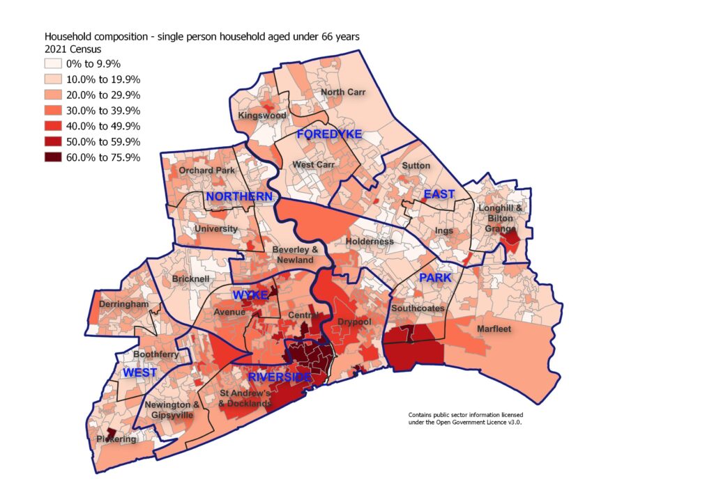 Percentage of single person households where the person is aged under 66 years across Hull's 881 Output Areas, 2021 Census
