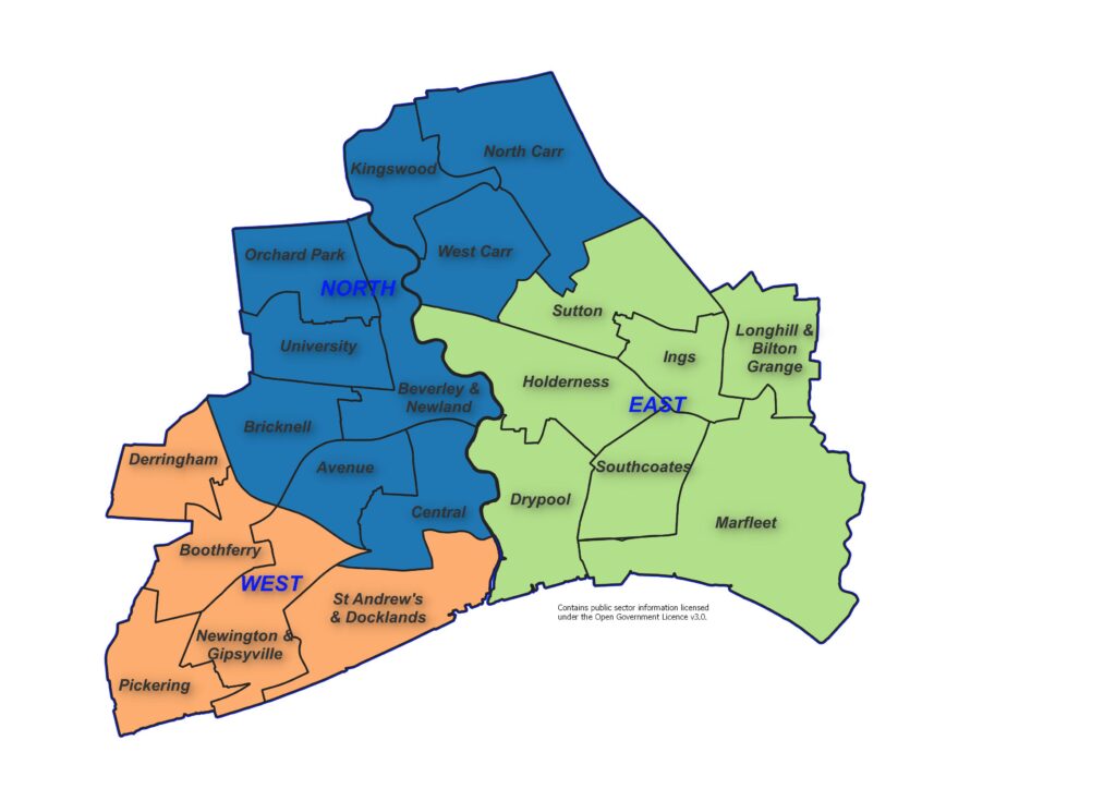 Map showing the 21 wards and three Area Committee Areas in Hull