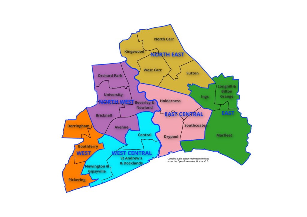 Map showing the 21 wards and six Area Committee Areas in Hull, January 2026.