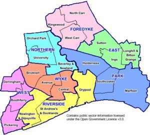 Map of Hull showing the 21 wards in Hull