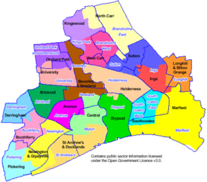 Map showing the 23 wards in Hull prior to May 2018 (names in blue font and bordered in blue) in relation to the 21 wards after May 2018 (names in black font and displayed in different colours)