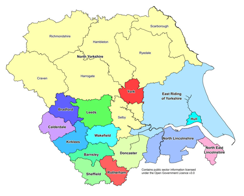 Map of local authorities in Yorkshire and Humber region