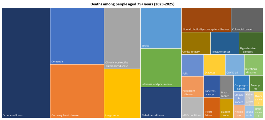 Top 30 causes of death among Hull residents aged 75+ years for deaths registered during 2023-2025