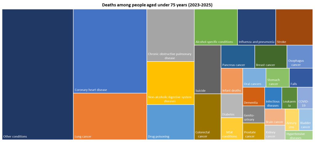 Top 30 causes of death among Hull residents aged under 75 years for deaths registered during 2023-2025