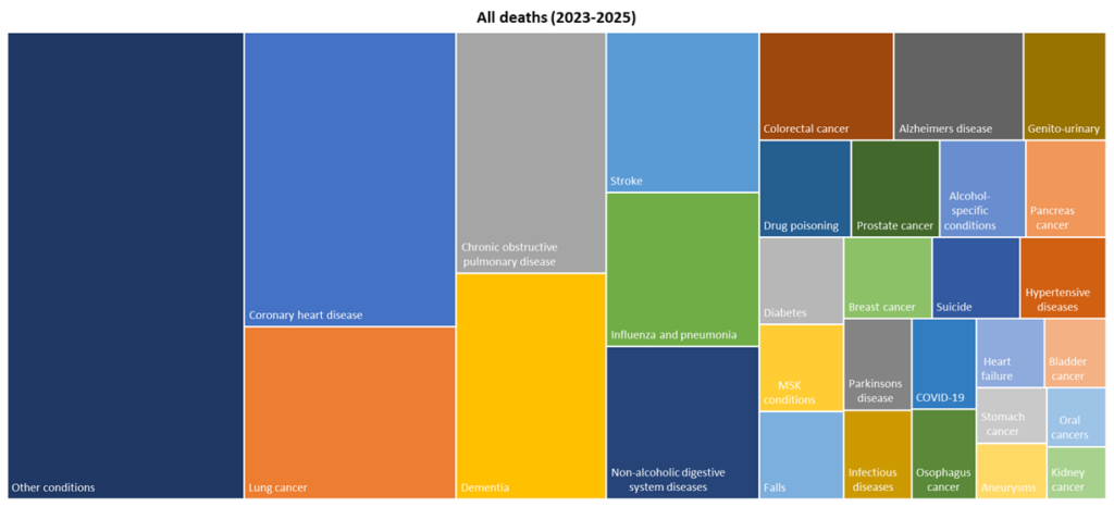 Top 30 causes of death among Hull residents for deaths registered during 2023-2025