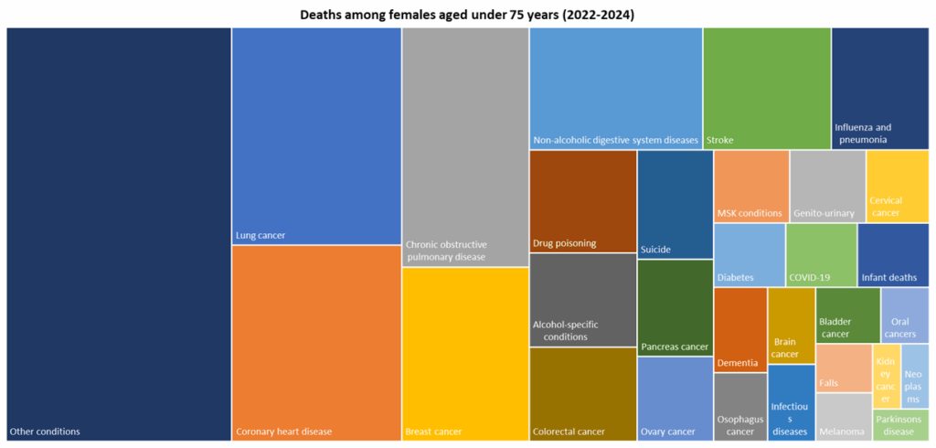 Top 30 causes of death among females aged under 75 years for deaths registered during 2022-2024