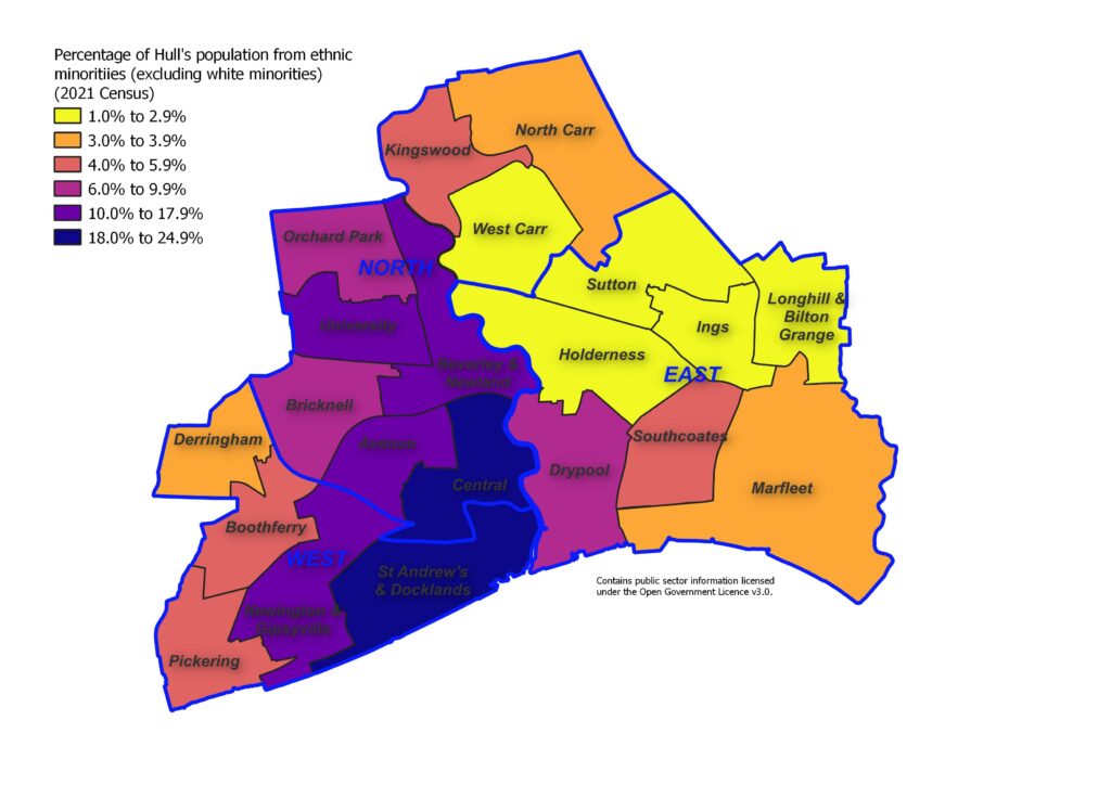 Percentage of Hull's population from ethnic minorities (excluding white minorities) from the 2021 Census