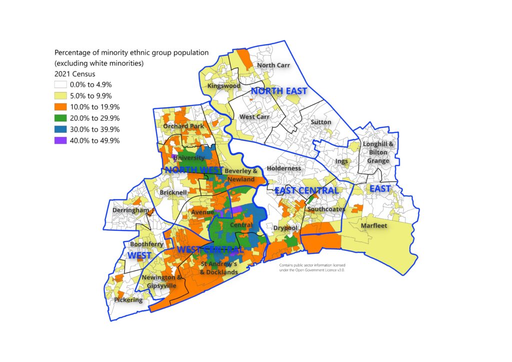 Percentage of Hull's population from ethnic minorities excluding white minorities from the 2021 Census