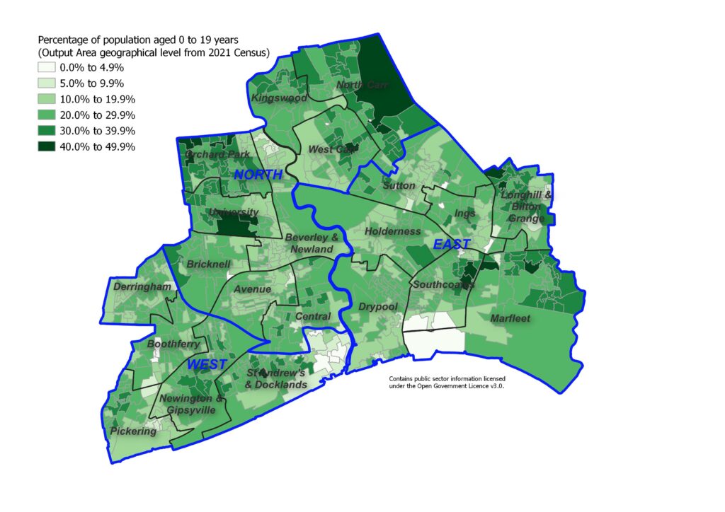 Percentage of the resident population aged 0 to 19 years across Hull's 881 output areas, 2021 Census