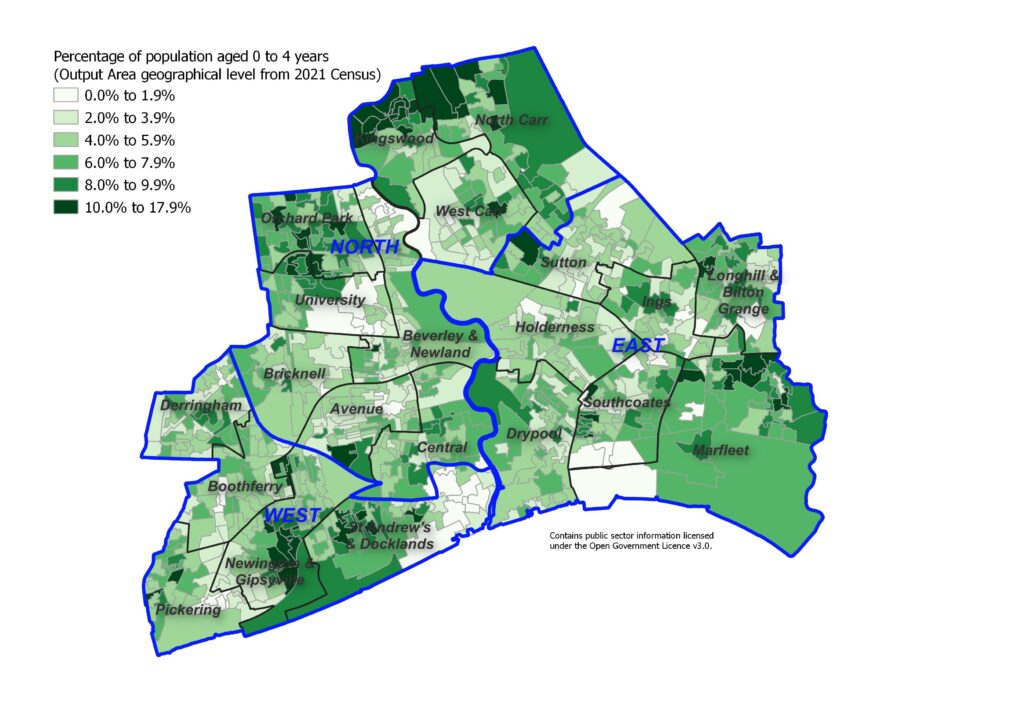 Percentage of the resident population aged 0 to 4 years across Hull's 881 output areas, 2021 Census