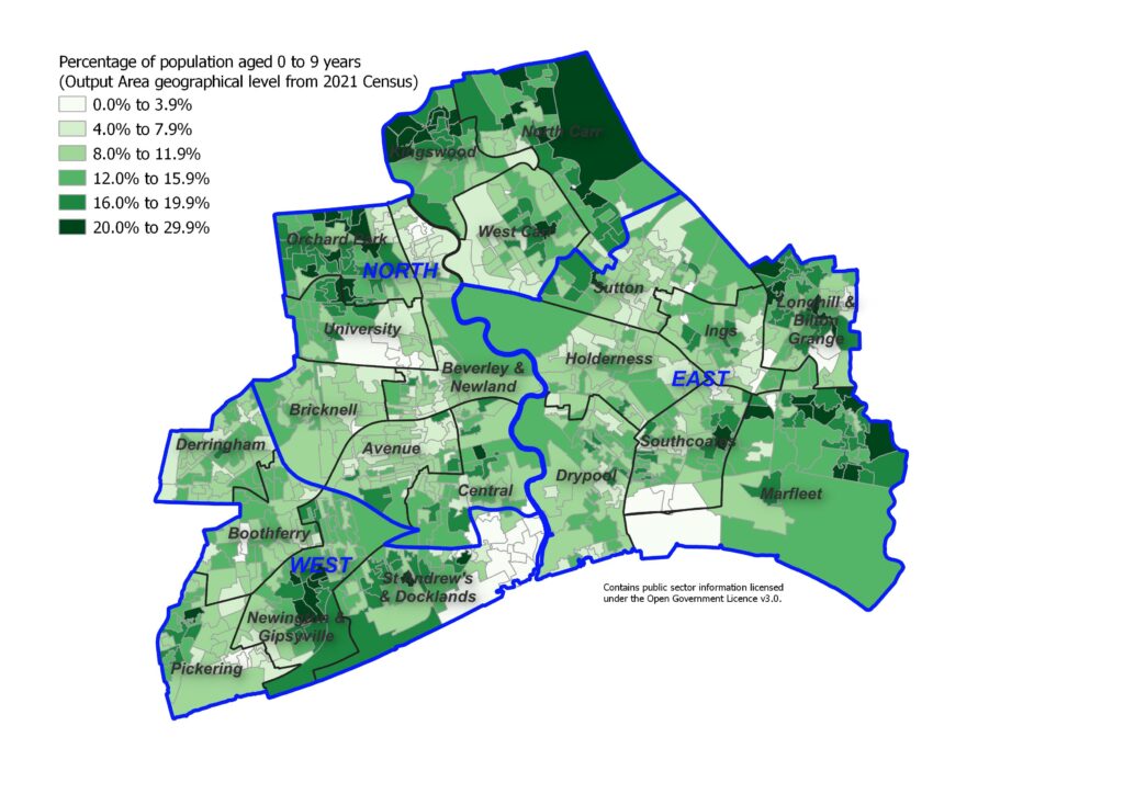 Percentage of the resident population aged 0 to 9 years across Hull's 881 output areas, 2021 Census