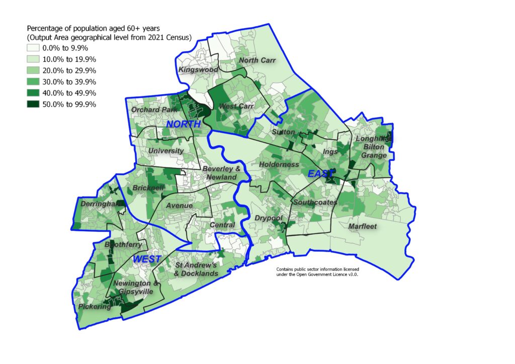 Percentage of the resident population aged 60+ years across Hull's 881 output areas, 2021 Census