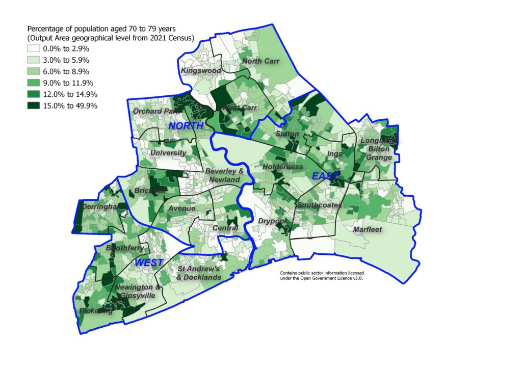 Percentage of the resident population aged 70 to 79 years across Hull's 881 output areas, 2021 Census