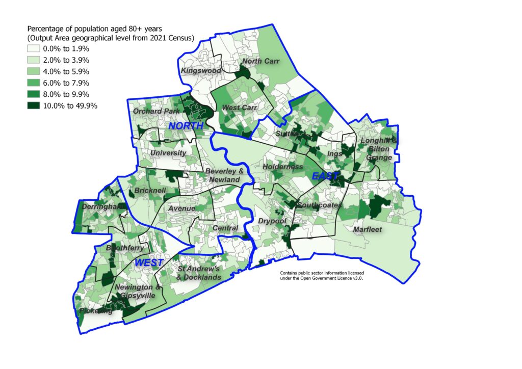 Percentage of the resident population aged 80+ years across Hull's 881 output areas, 2021 Census